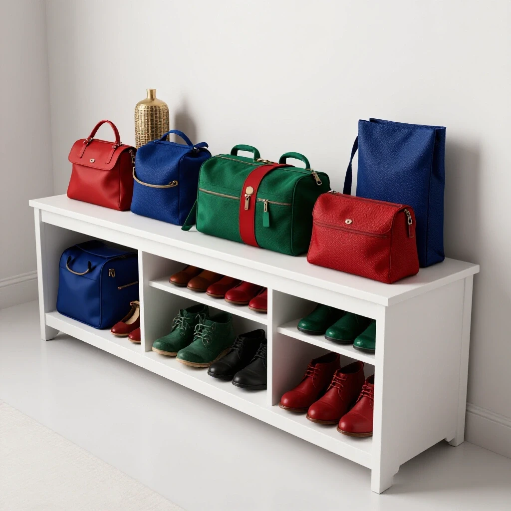 A stylish storage bench in an entryway filled with colorful bags and shoes against a clean white background.