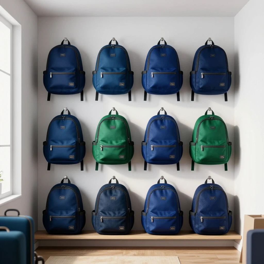 A neat entryway showcasing colorful backpacks organized in a stylish storage solution against a cluttered background.