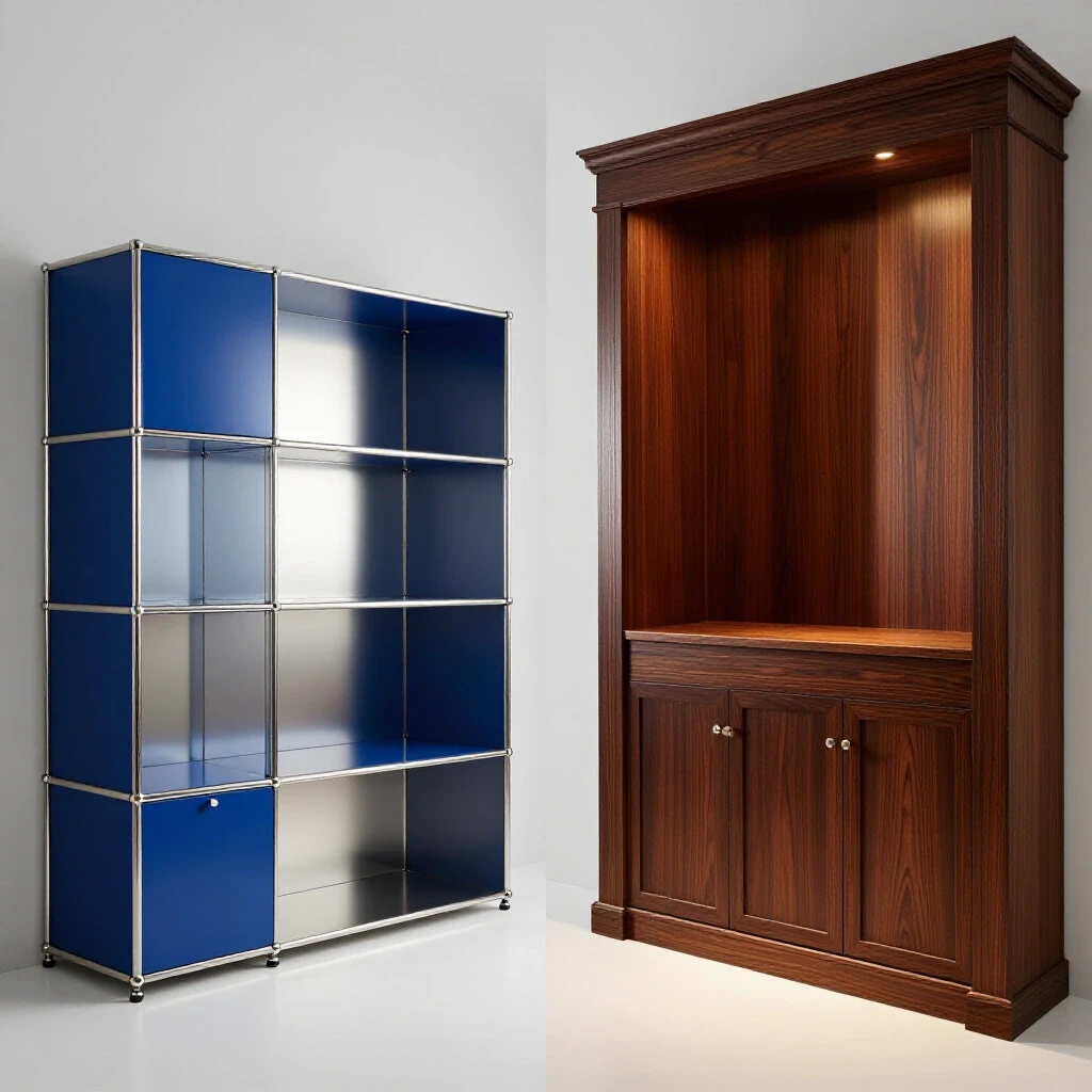 A visually striking comparison of a modern modular entryway system and a warm built-in entryway, highlighting unique design features.