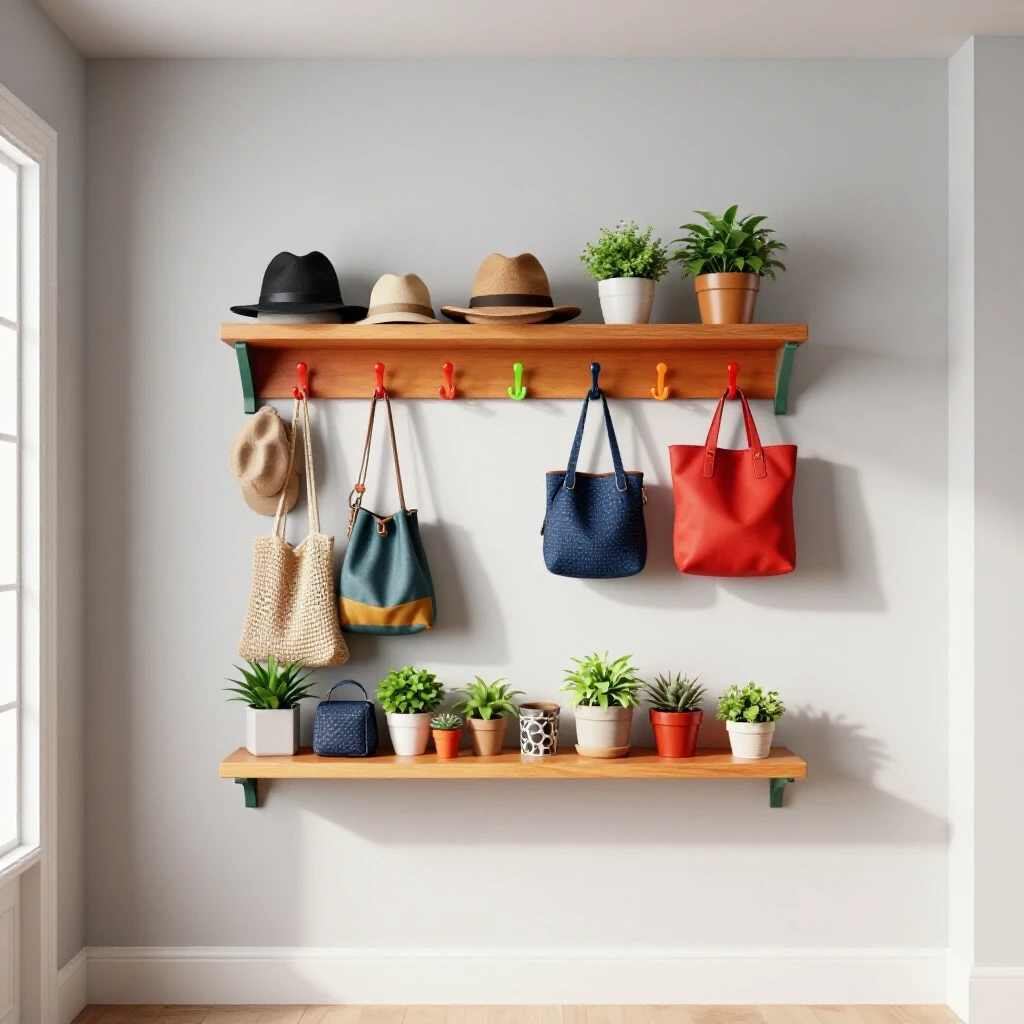 A vibrant entryway wall shelf with colorful hooks displaying hats, bags, and plants, set against a bright background.