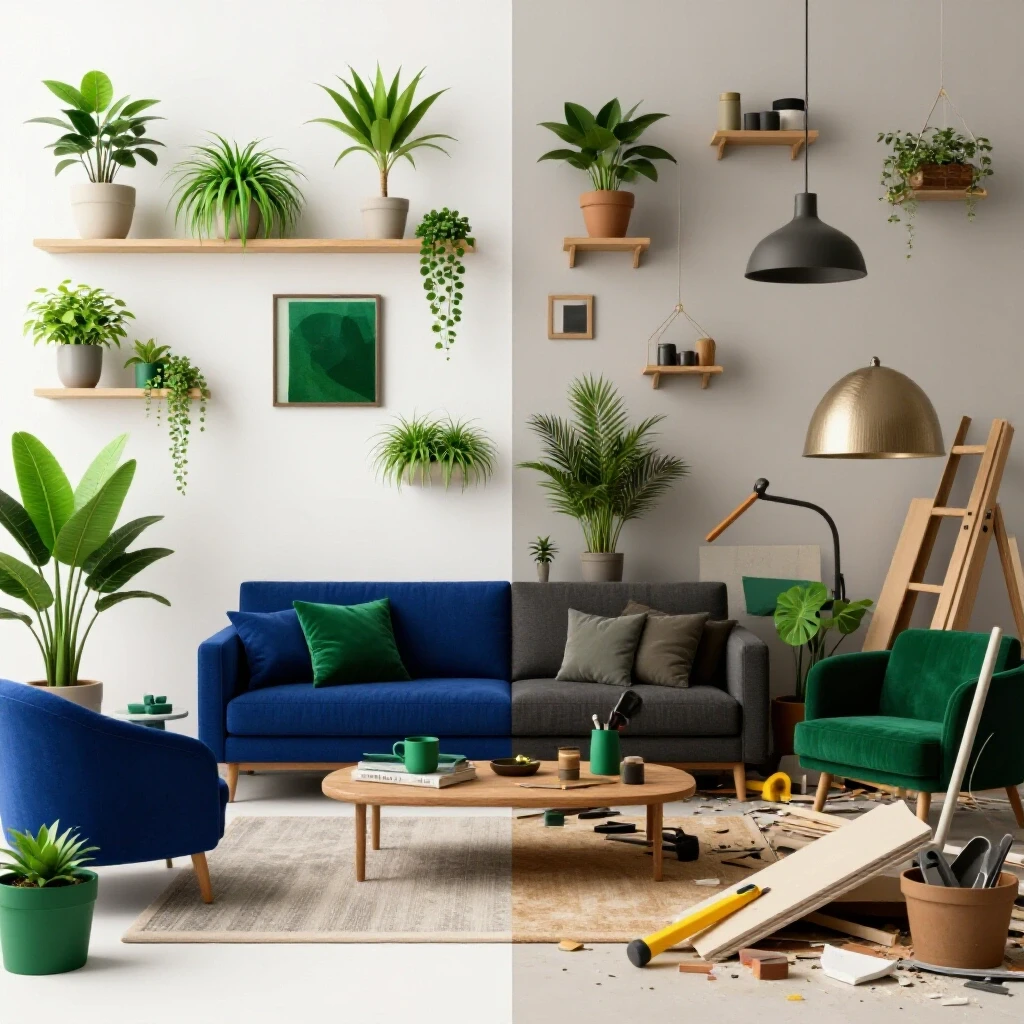 A contrasted image of a renovated room showcasing organized decor on one side and renovation chaos on the other.