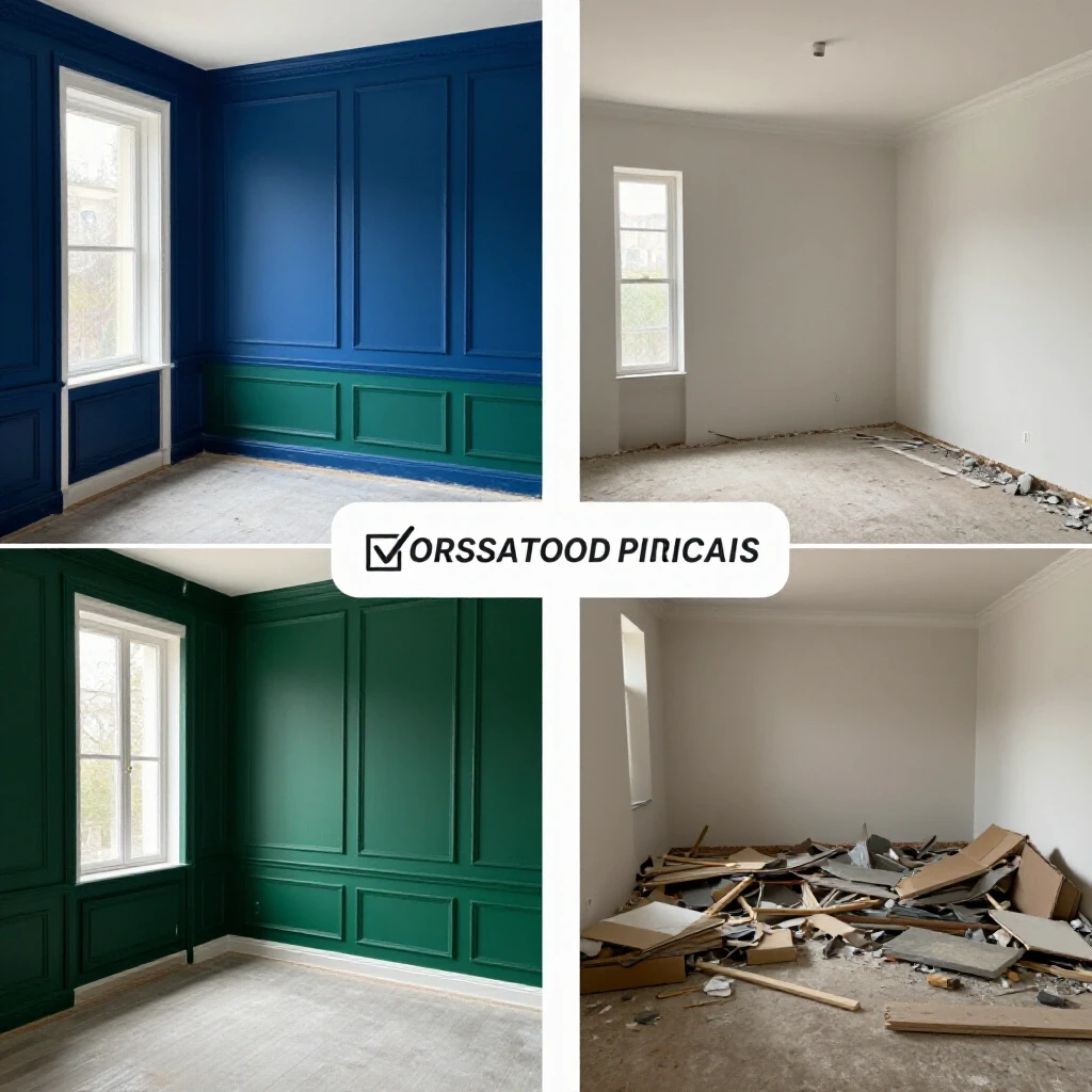 A split image showing a well-renovated room contrasting with a cluttered, unfinished space, embodying a home renovation checklist concept.