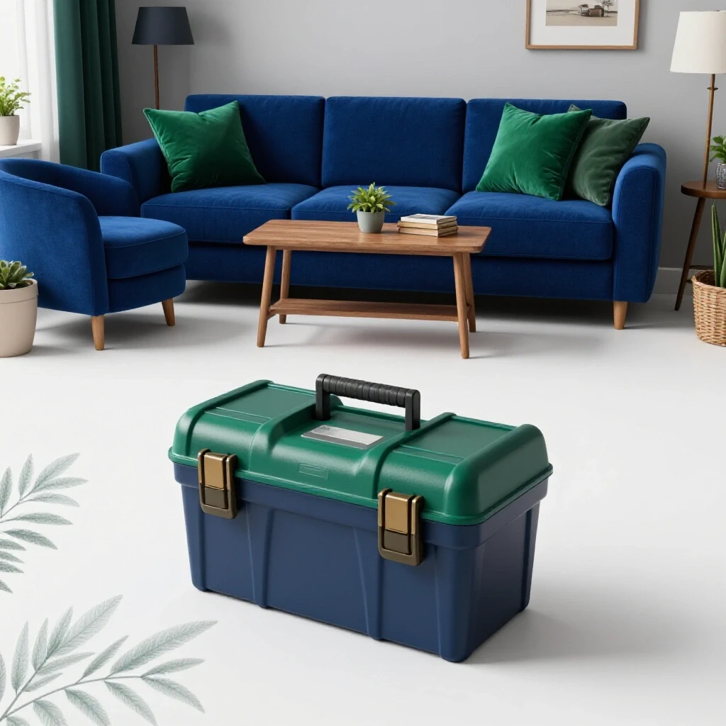 A cozy living room with a vibrant toolbox indicating essential home repairs needed.