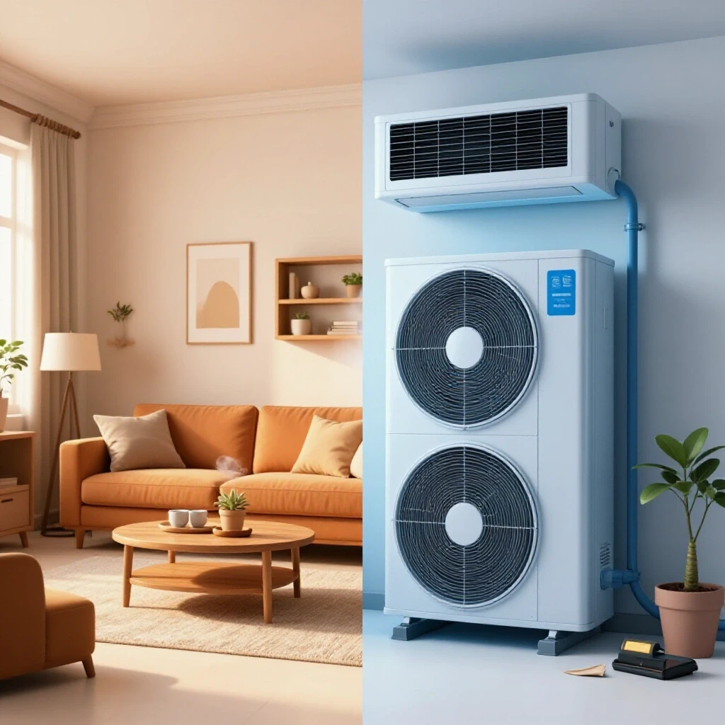 A split view image showing a cozy living room contrasted with a cluttered HVAC system, symbolizing home comfort.