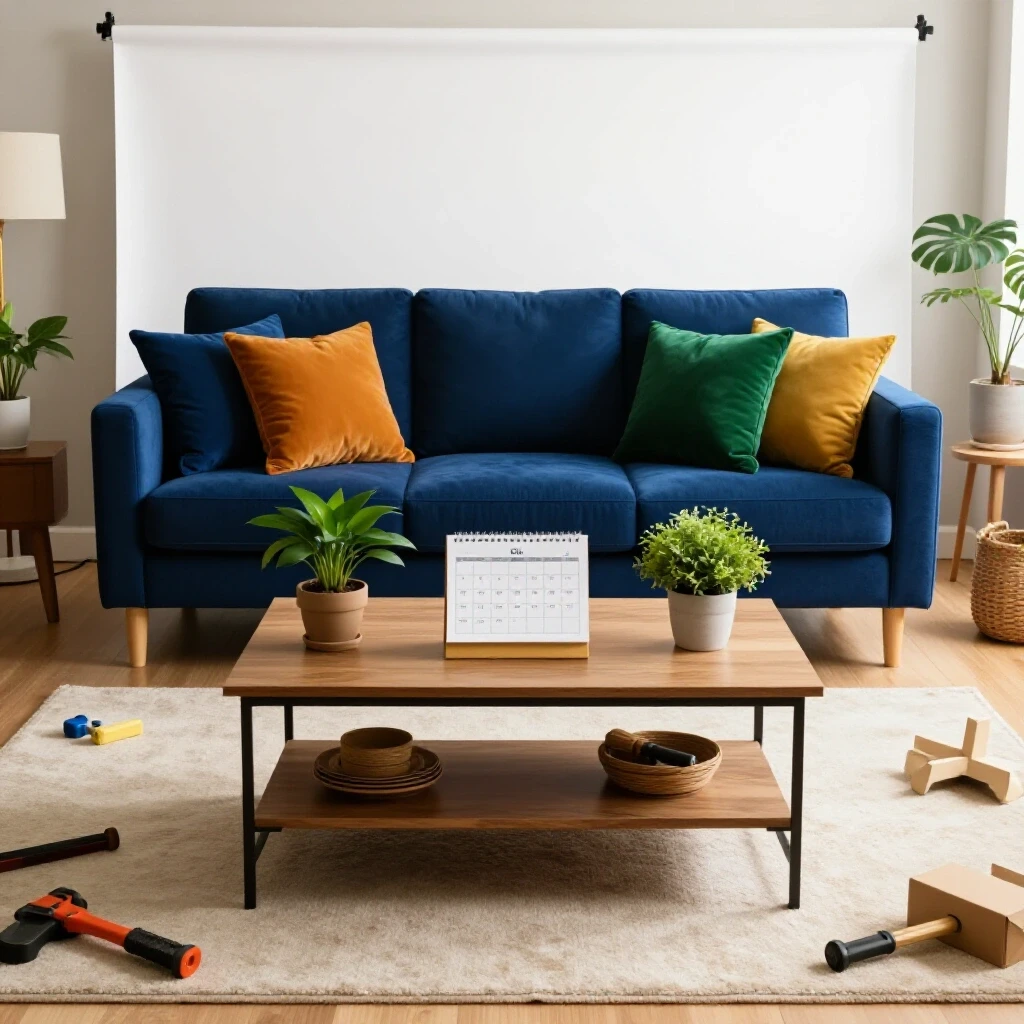 A cozy living room scene showcasing a coffee table with warm decor contrasting with scattered tools from home projects.