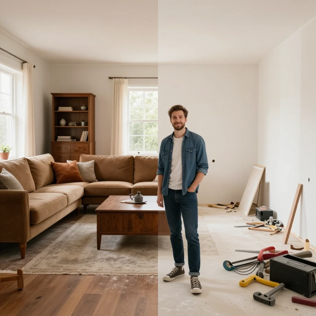 A split-image showing a beautifully renovated living room versus a chaotic renovation scene, highlighting lessons learned in home decor.