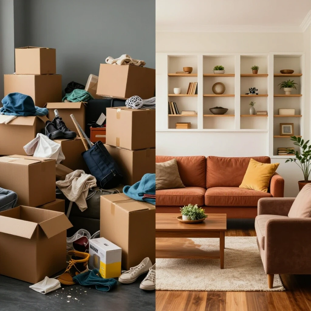 A split-image showing a chaotic moving scene on one side and an organized, serene home on the other, symbolizing transformation.