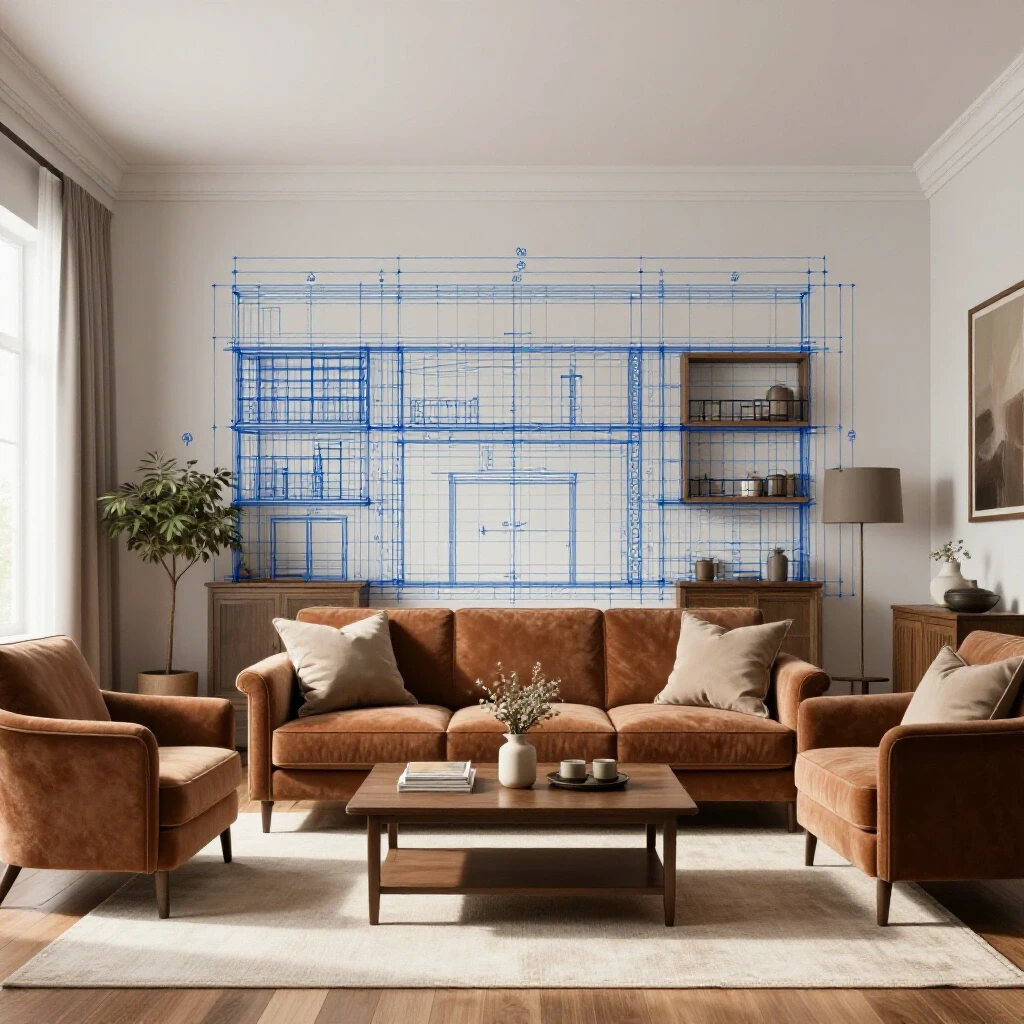 Cozy home interior with decor and a blueprint overlay representing planning and comfort.