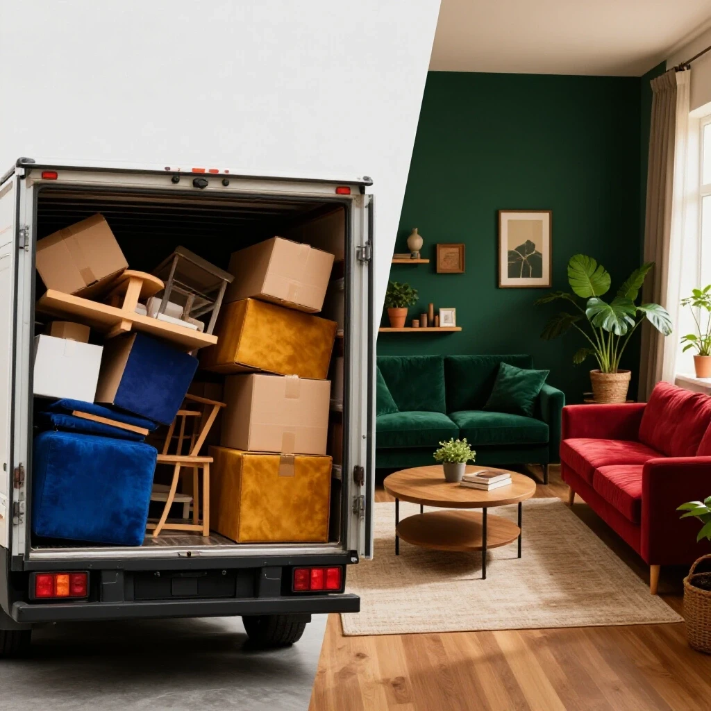 A split image shows a chaotic moving truck on one side and a cozy organized living room on the other, emphasizing contrast.