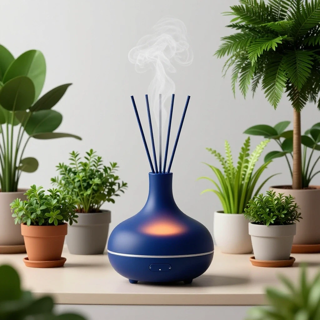 A beautifully styled living space with a central essential oil diffuser emitting vapor, surrounded by vibrant greenery and warm lighting.