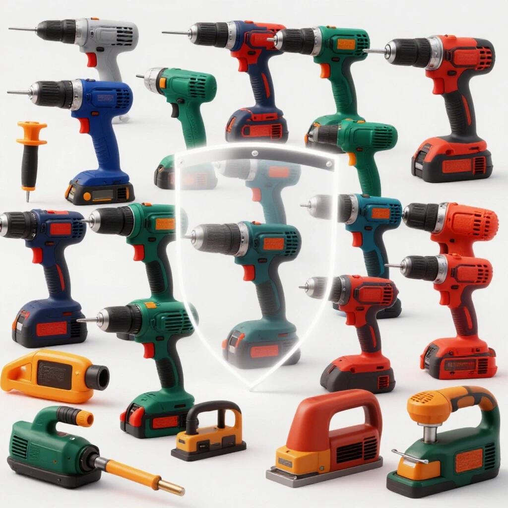A vibrant workshop scene with power tools safely displayed and a glowing safety shield overlay.