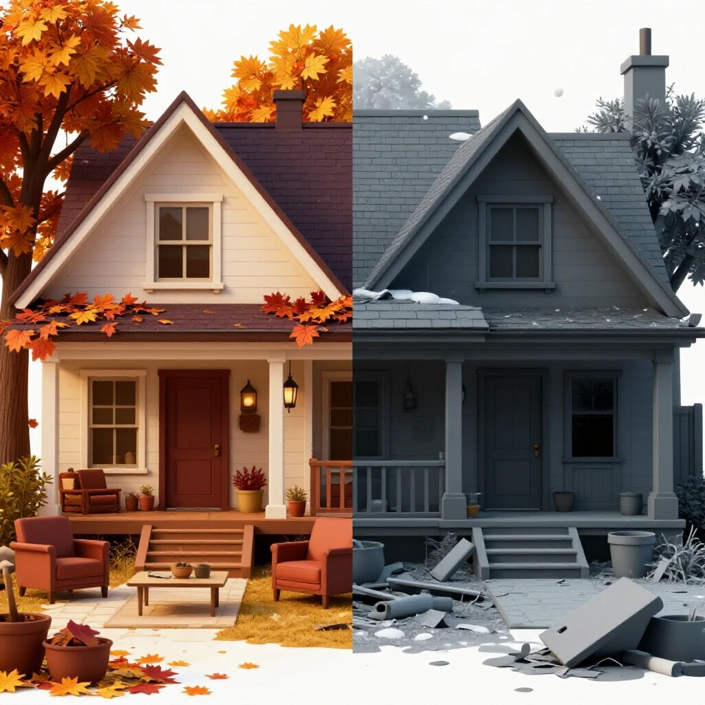 A split image depicting a cozy, well-maintained home on one side and a chaotic neglected space on the other, emphasizing seasonal home maintenance.