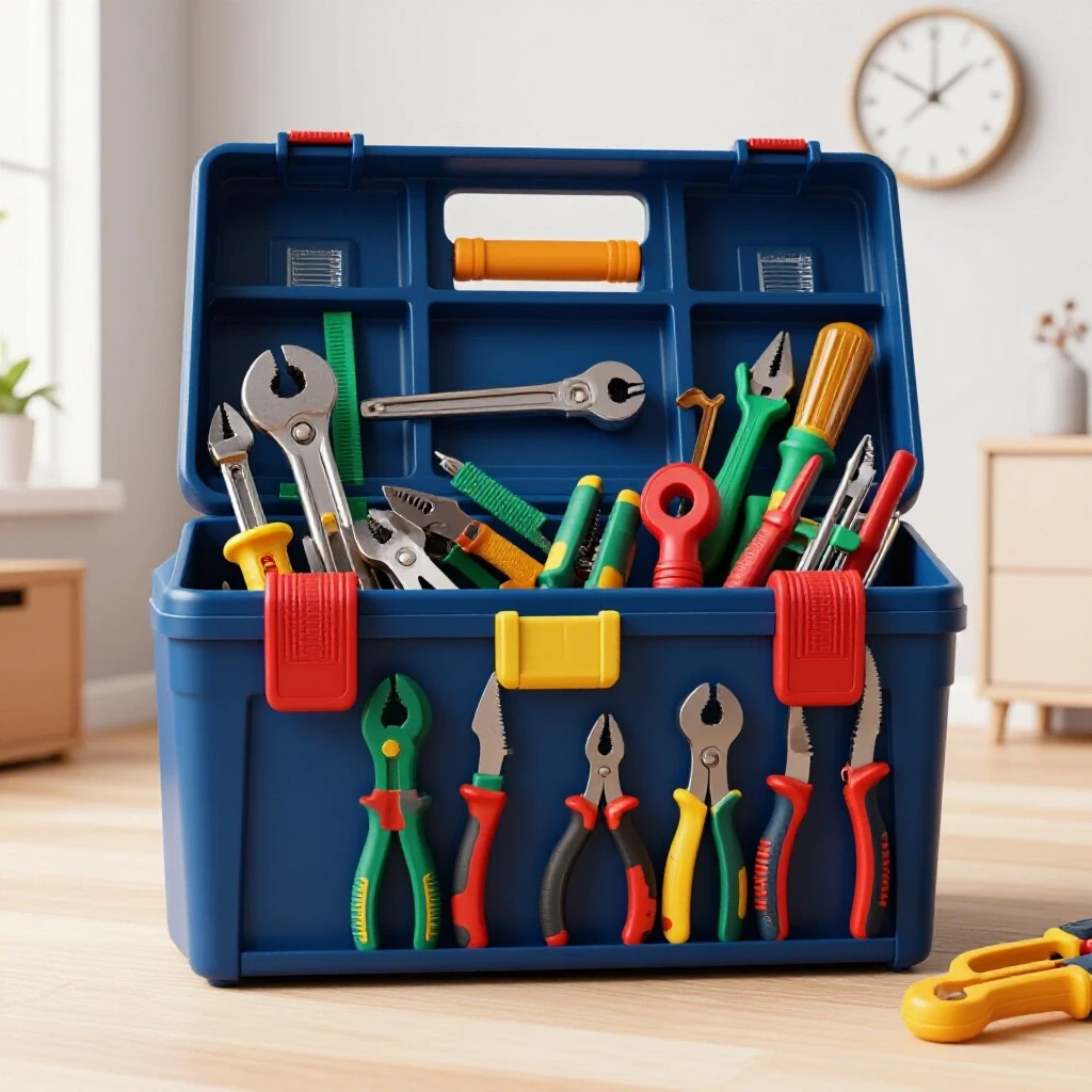 A vibrant and organized toolbox filled with colorful essential tools, set in a cozy home environment, symbolizing homeowner maintenance.