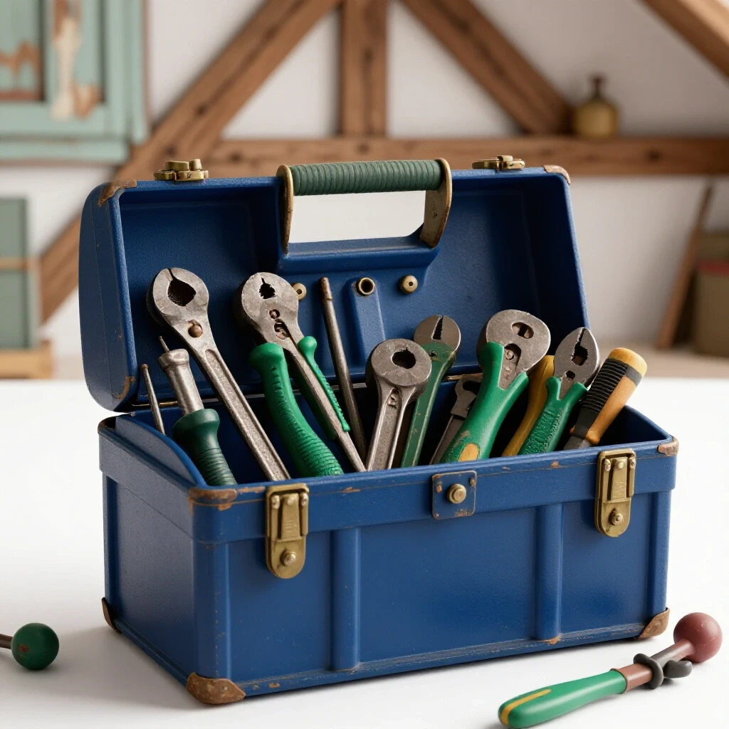 A vintage toolbox overflowing with aged tools against a bright background, evoking the charm of maintaining old homes.