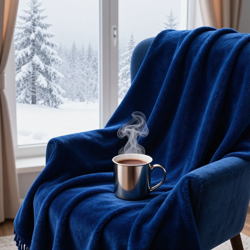 A cozy winter indoor scene with a deep royal blue blanket, metallic mug of hot cocoa, and a snowy winter landscape visible through the window.