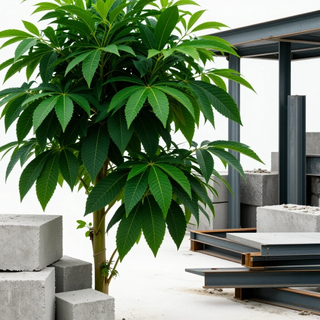 A split-image showing a vibrant plant contrasting with raw industrial materials, emphasizing sustainability claims.