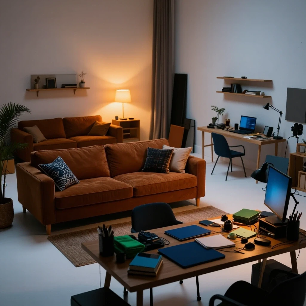 A cozy evening living room contrasted with a messy workspace, highlighting routines for relaxation amidst chaos.