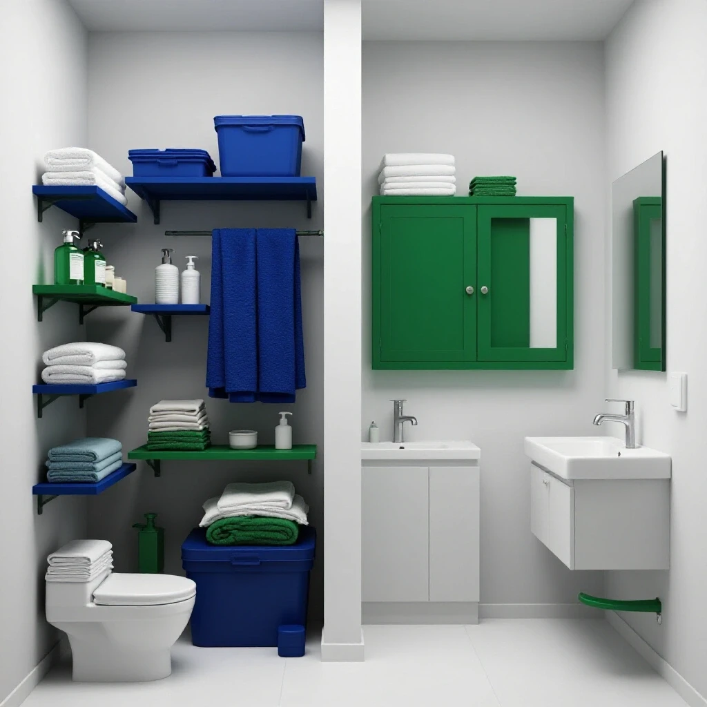 A split image showcasing a cluttered bathroom contrasted with a spacious, organized bathroom featuring innovative storage solutions.
