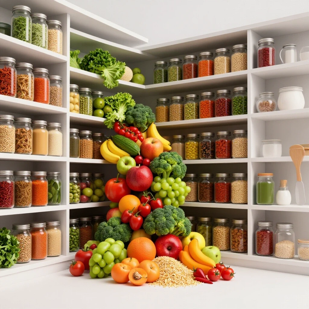 A beautifully organized pantry overflowing with vibrant ingredients on a minimalist kitchen backdrop.