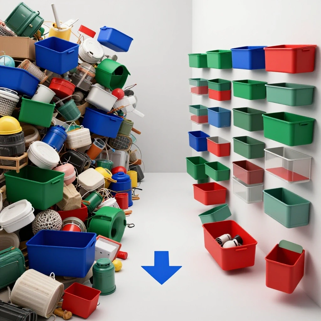 A visual transformation from a cluttered space filled with mismatched items to an organized, minimalist area with effective organizers, separated by arrows.