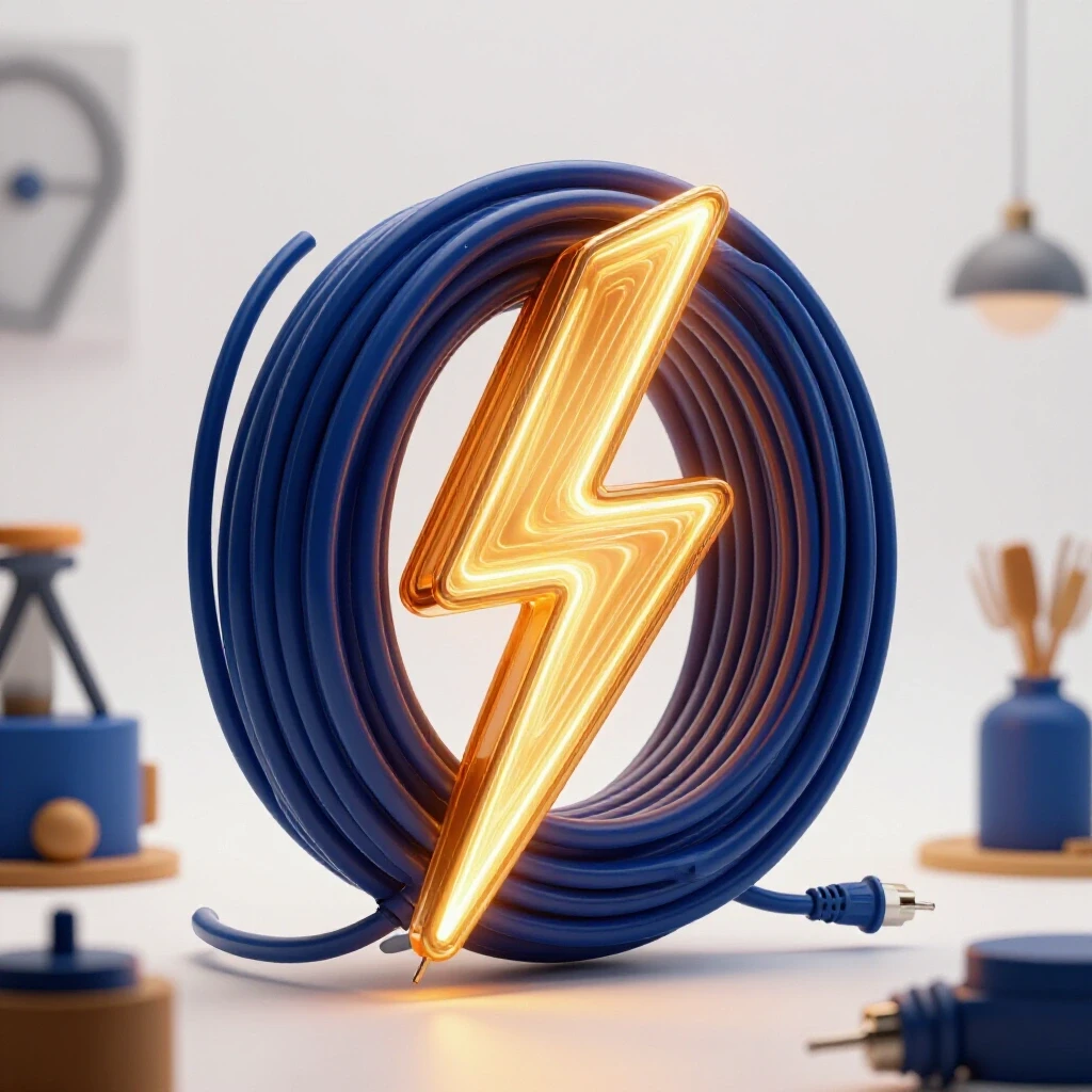 A glossy extension cord coiled like a lightning bolt, glowing heat waves around it, set against cool-toned tools and decor.