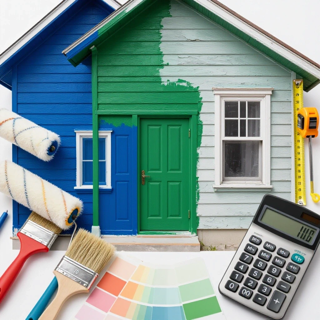 A vibrant split-theme image showing freshly painted house exteriors and tools alongside a faded, peeling exterior with a measuring tape and calculator.