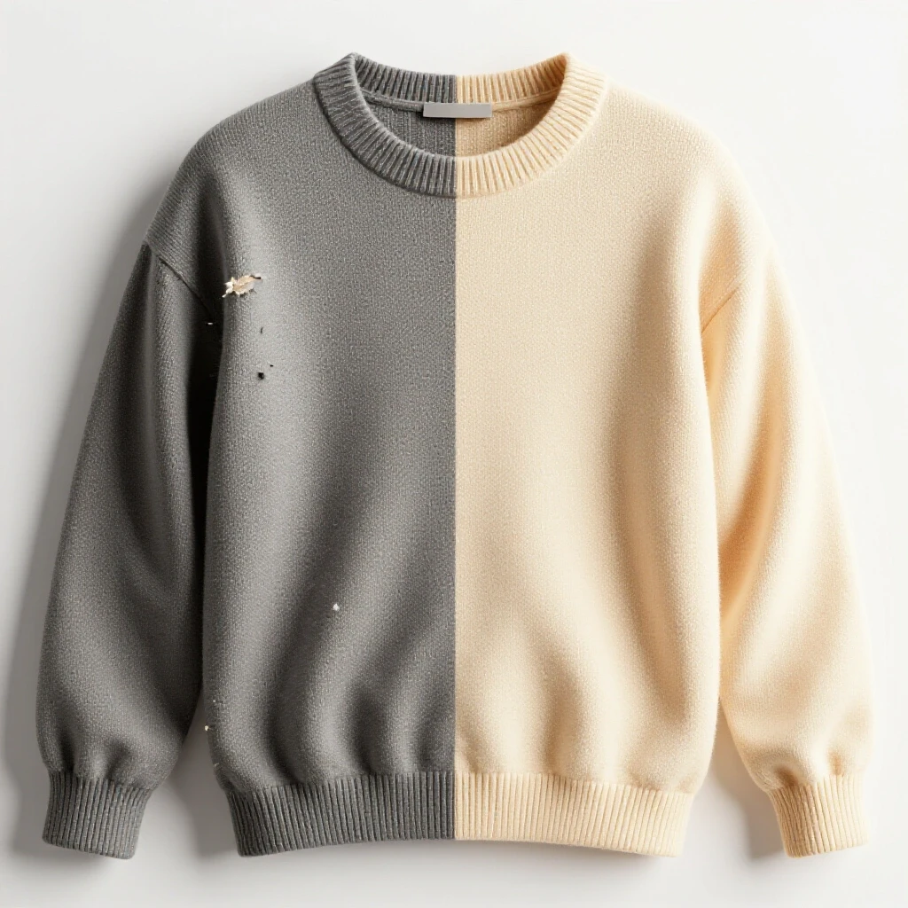 A split image of a sweater showing one half worn and pilled, the other half smooth and restored, emphasizing textile restoration.