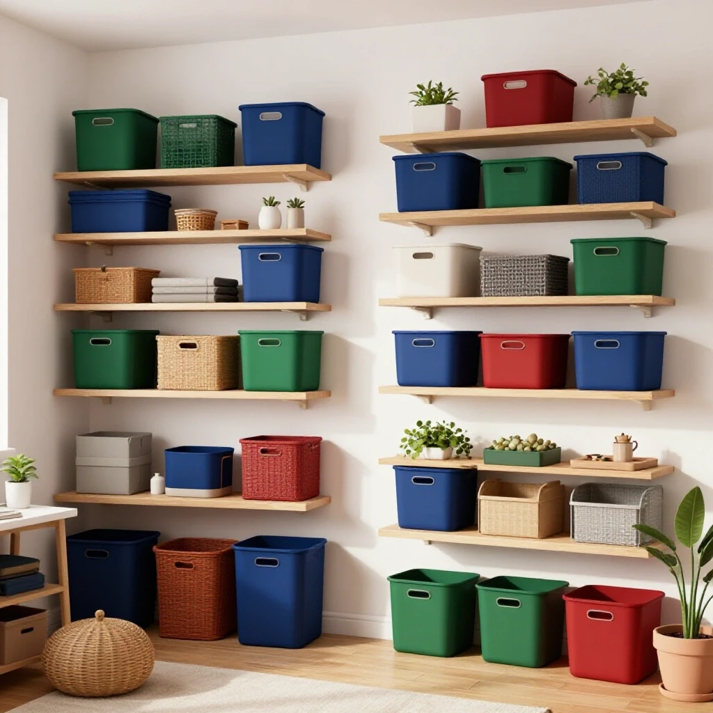 Cozy shared living space featuring colorful storage solutions, showcasing a cluttered area versus an organized side.