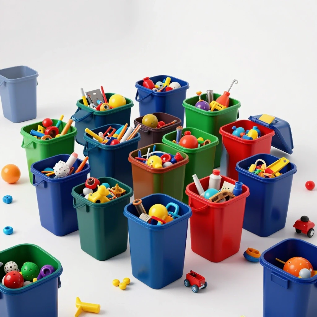 A vibrant scene of colorful cleanup bins surrounded by toys in a bright space, representing family organization activities.