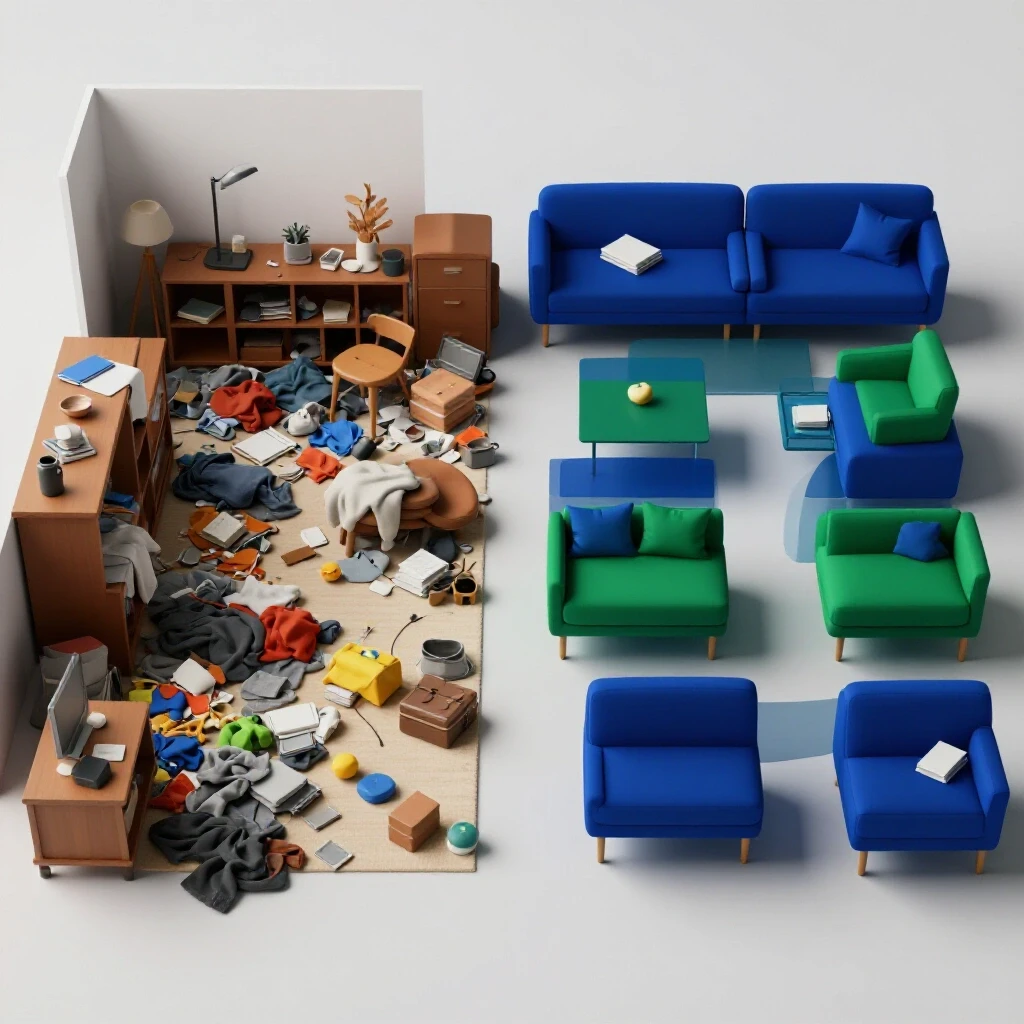 A split-screen image showing a chaotic, cluttered room transforming into a tidy space, highlighting the decluttering process.