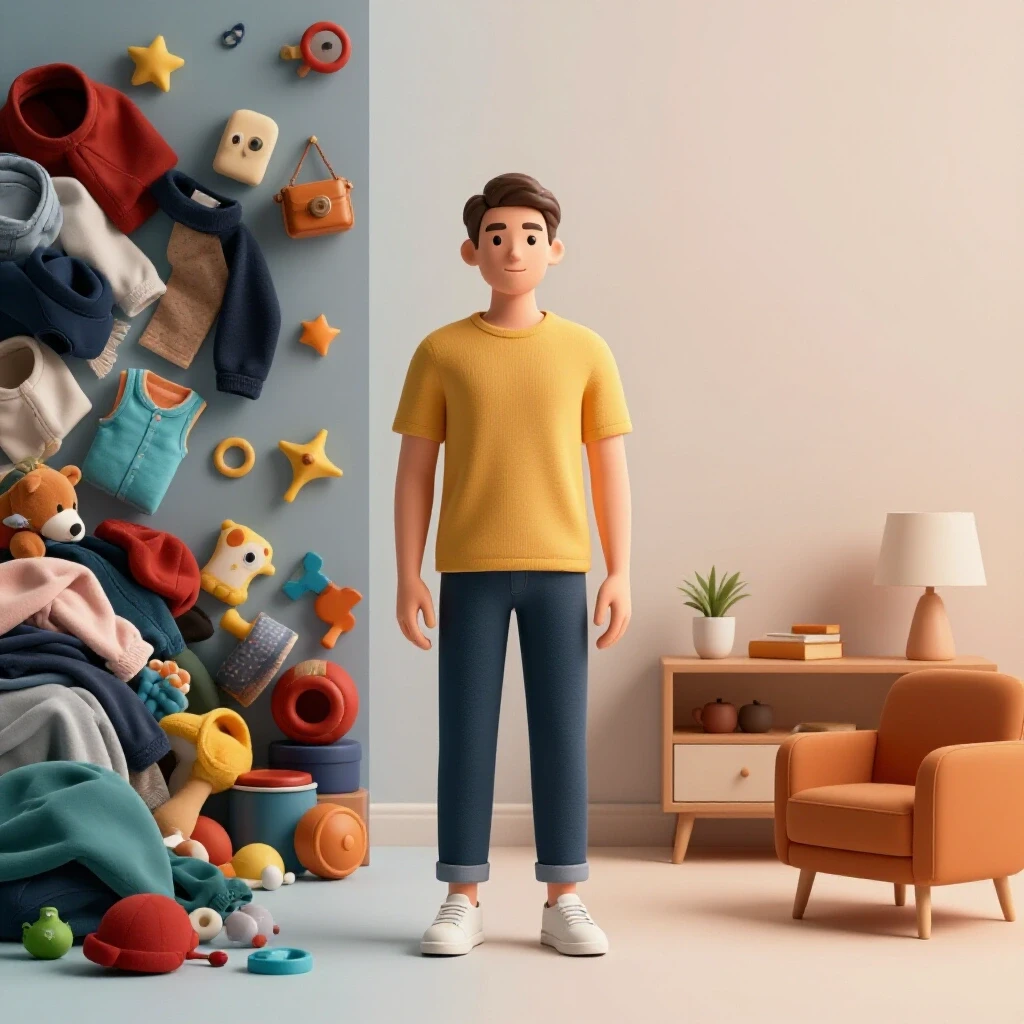 A split image showcasing a cluttered household filled with toys on one side and a serene, organized minimalist space on the other.