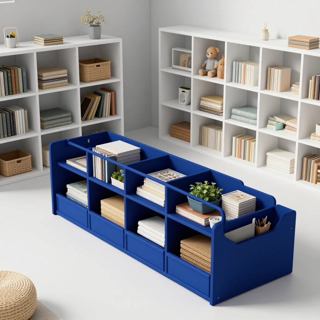 A beautifully organized living room featuring a multifunctional storage solution, showcasing a warm and inviting atmosphere.