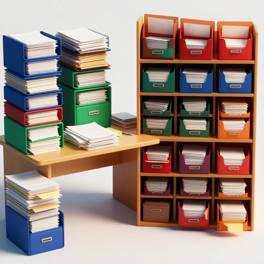 A vibrant desk scene contrasting a cluttered side filled with paper documents and an organized filing system, symbolizing order.