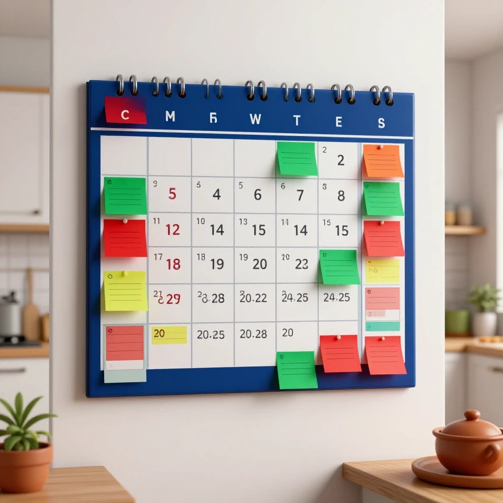 A vibrant family calendar on a kitchen wall, surrounded by colorful sticky notes, representing organization amidst chaos.