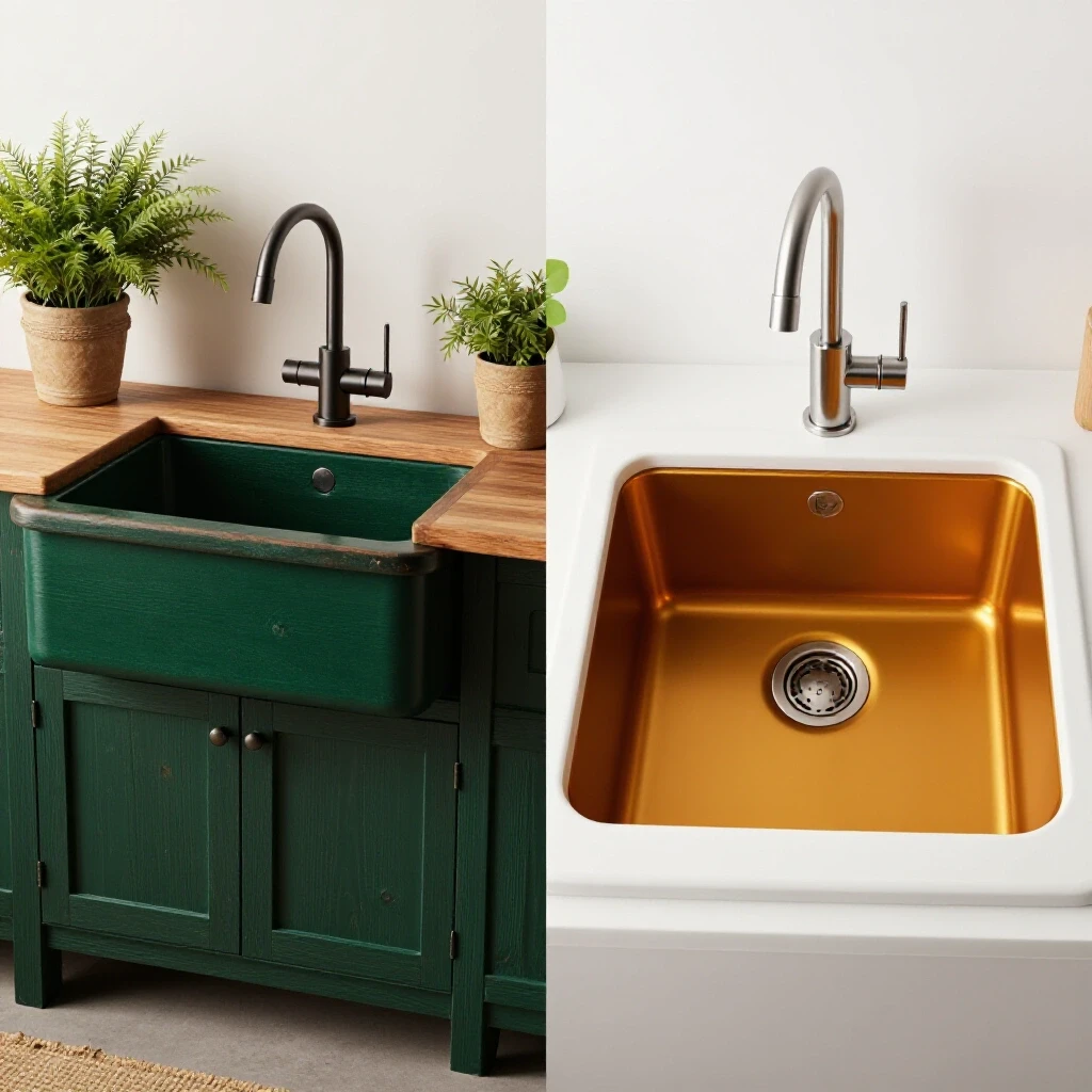A split composition comparing a rustic farmhouse sink with natural decor and a modern undermount sink, showcasing cleaning dynamics.