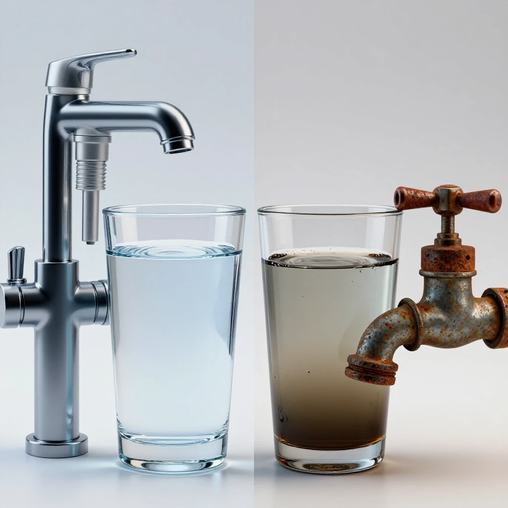 A split scene showing a clear glass of water next to a modern faucet with a filter and a murky glass beside a rusty faucet, showcasing contrasting water clarity.