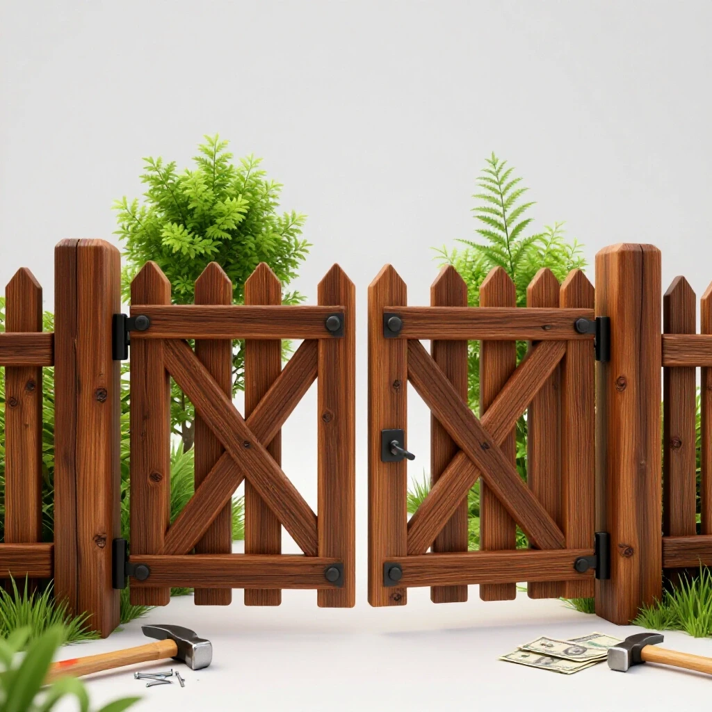 A rustic wooden fence gate slightly ajar, revealing vibrant greenery behind and scattered tools with currency notes on the ground, symbolizing repair costs.