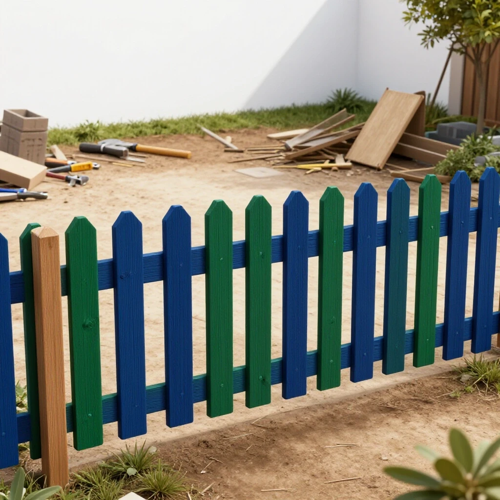 A central wooden fence installation contrasting with a chaotic, unfinished yard, highlighting DIY potential.