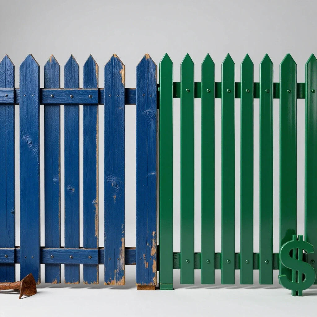 A vibrant split-image showcasing a weathered wooden fence on one side and a pristine vinyl fence on the other, highlighting maintenance differences.