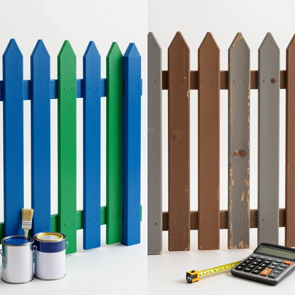 A split-screen image showing a beautifully painted vibrant fence alongside an unpainted worn fence, with paint supplies and budgeting tools.