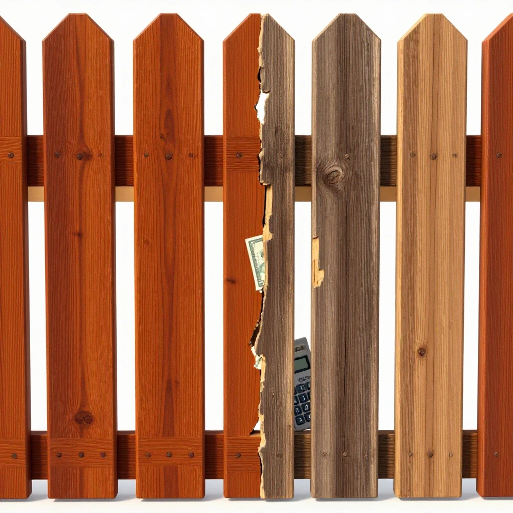 A striking image of a partially repaired wooden fence showing fresh and weathered wood, with a calculator hinting at DIY costs.