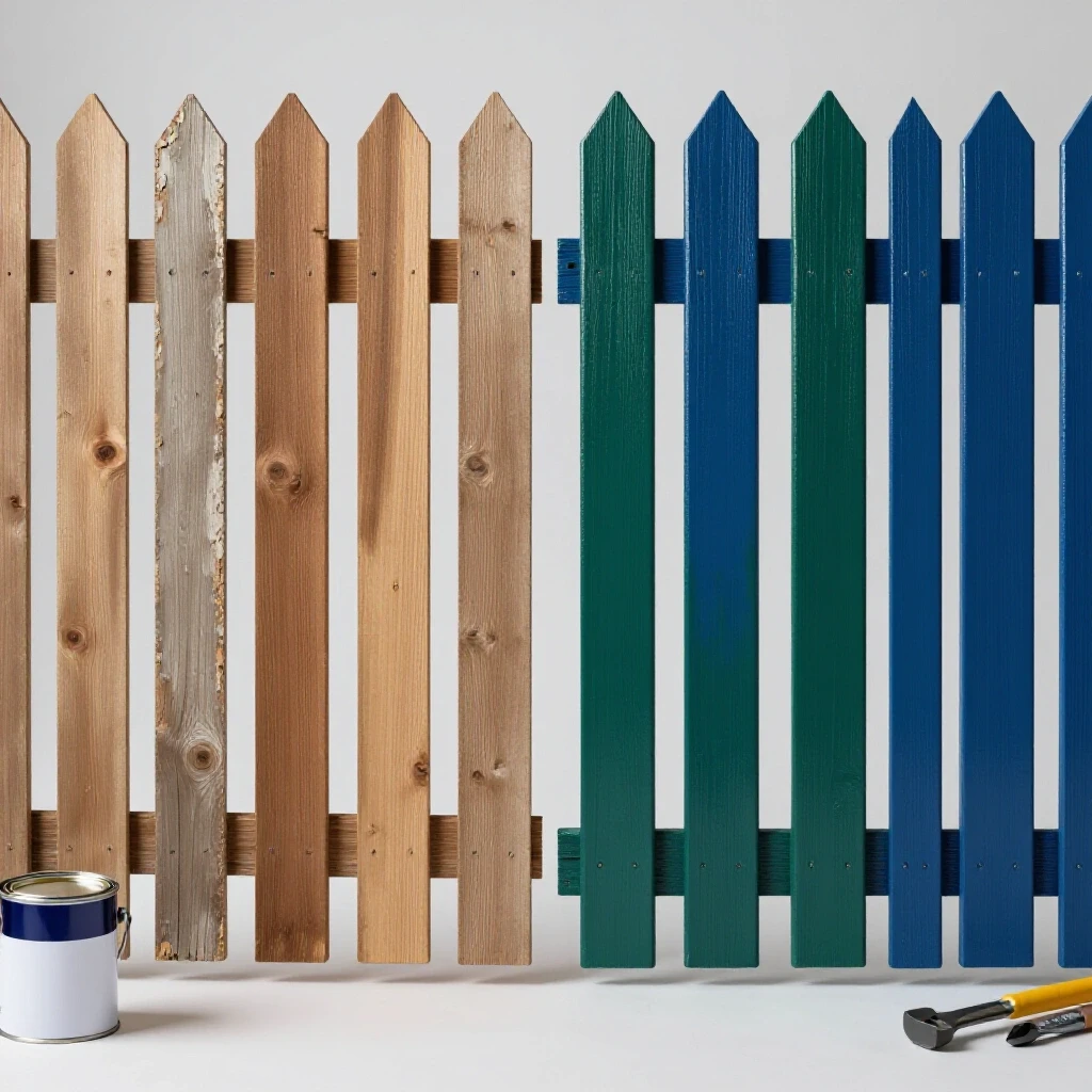 A visual comparison of a damaged wooden fence and a freshly painted fence, showcasing DIY repair transformation.