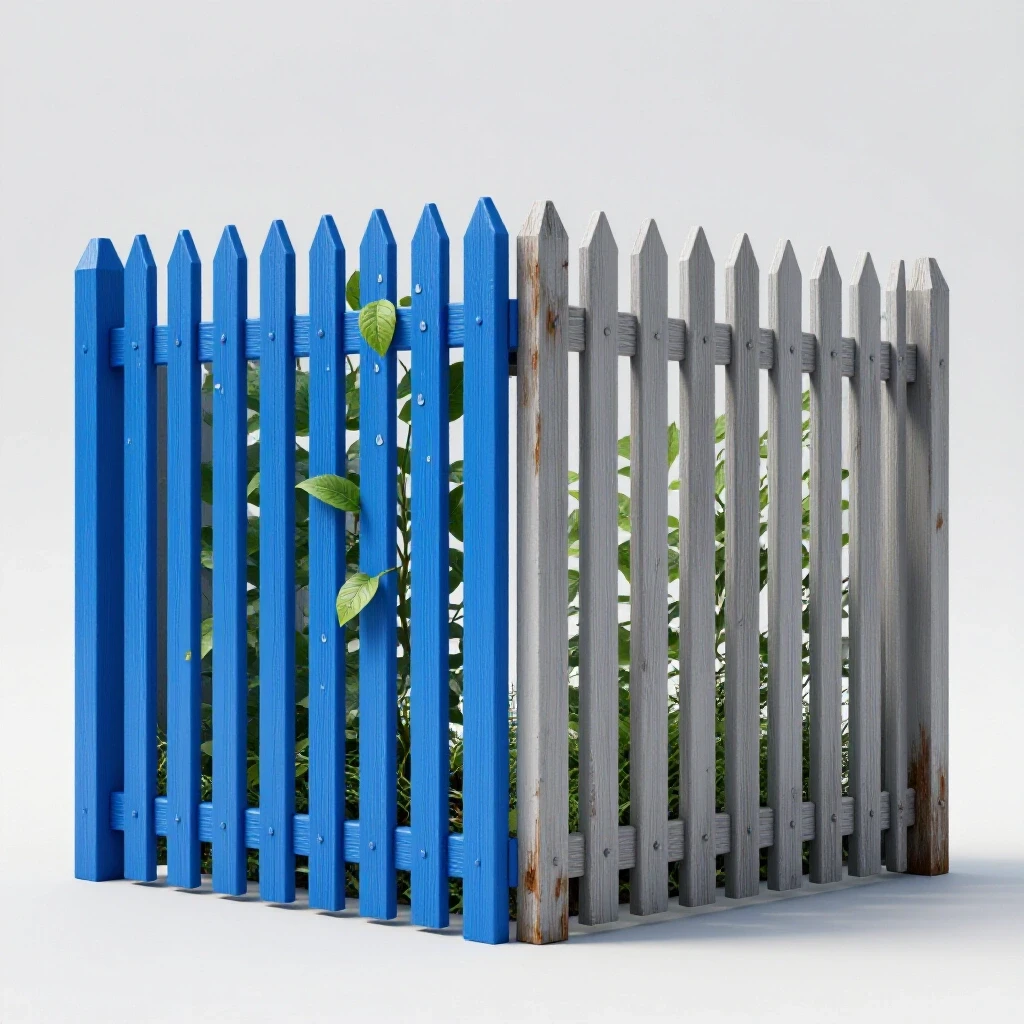 A vivid fence split in half: one side showing fresh blue stain, the other side faded with weathering, surrounded by leaves and droplets.