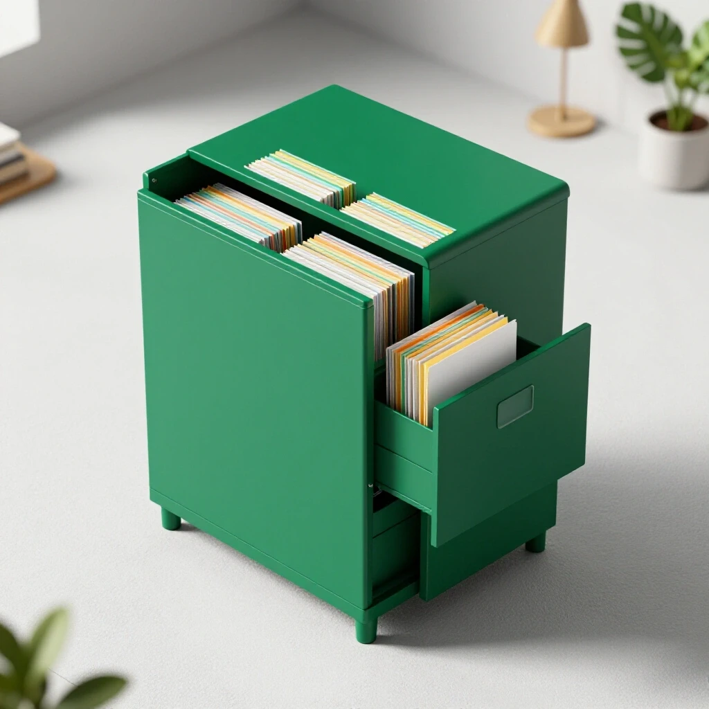 A modern emerald green file cabinet partially open, revealing colorful documents in a bright home office setting.