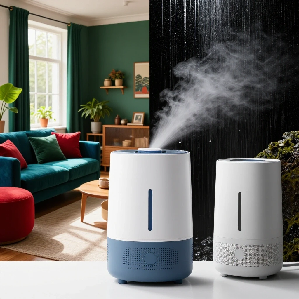 A split-image showcasing a vibrant living room contrasted with a damp, moldy area to illustrate humidity issues in homes.