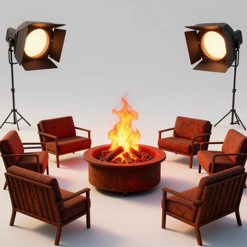 A beautifully assembled fire pit at sunset with glowing embers surrounded by cozy seating, contrasted with a rusted fire pit in shadow.