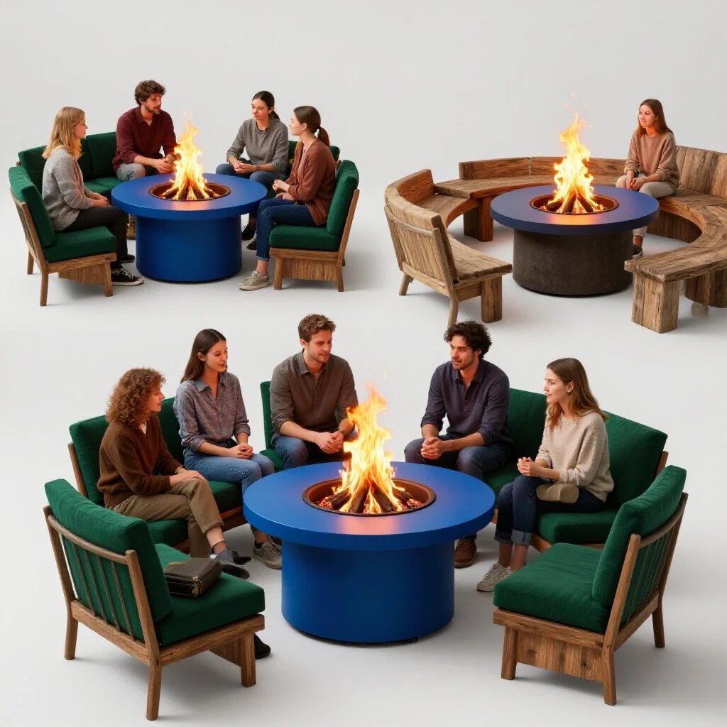A split image contrasting a cozy fire pit table with friends gathered around and a traditional rustic fire pit, showcasing outdoor warmth.