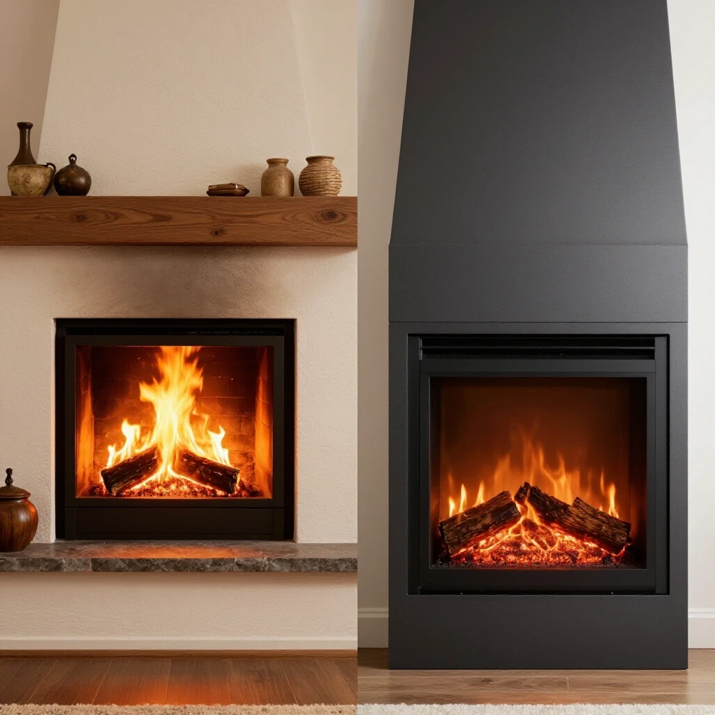 A cozy open hearth with flickering flames contrasted against a sleek modern fireplace insert, illustrating heating options.