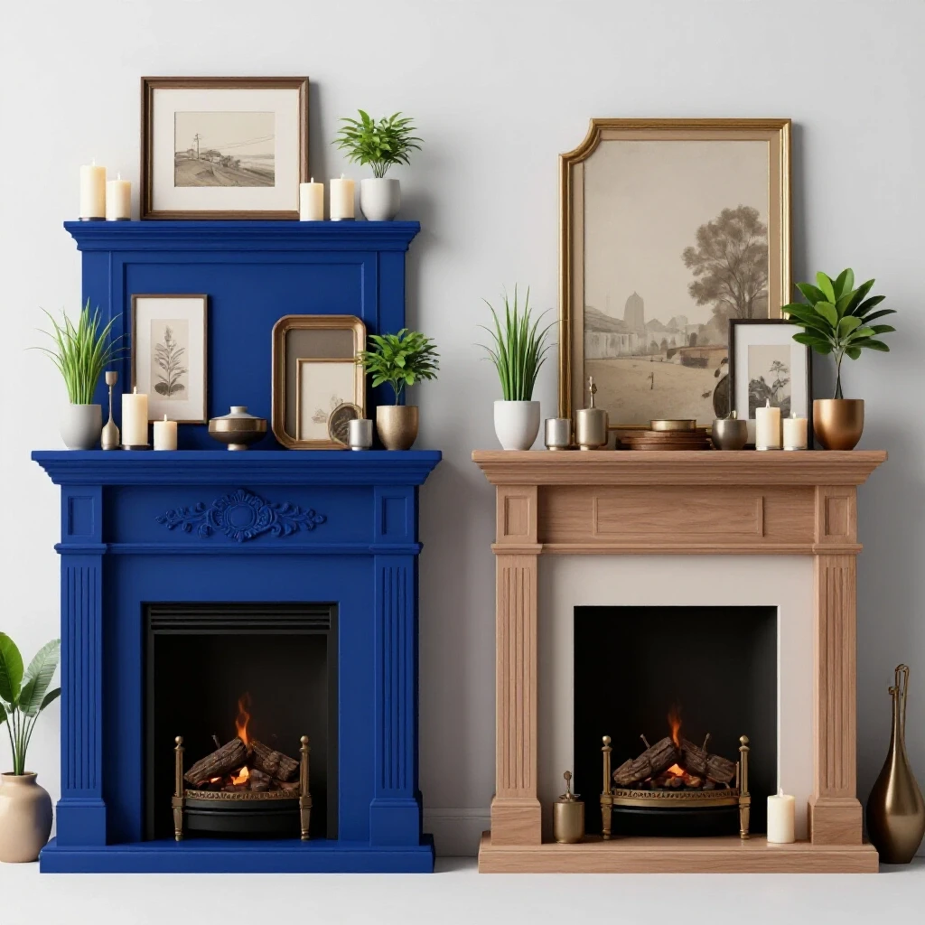 Dramatic comparison of a beautifully styled fireplace mantel and a cluttered one, emphasizing design mistakes.