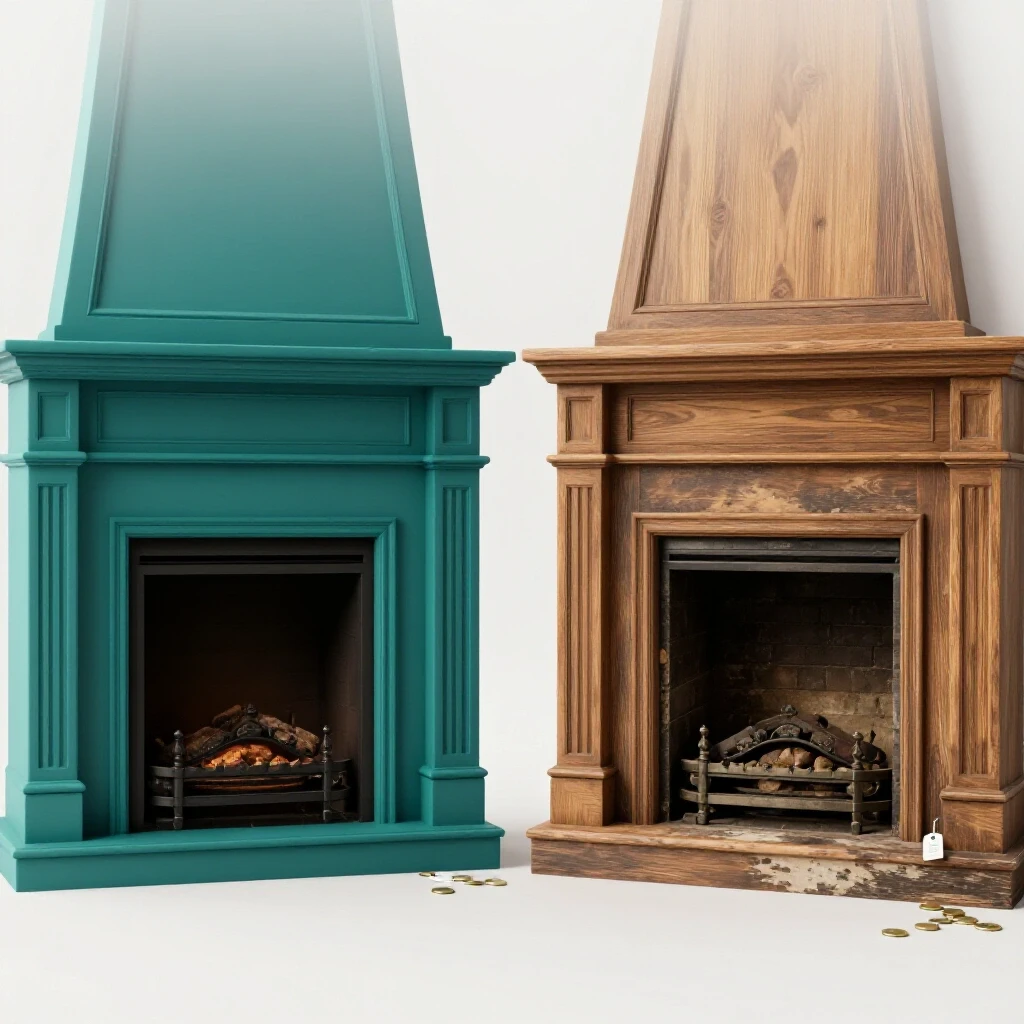 A comparison between a beautifully renovated fireplace and a worn-out version, with price tags and coins for visual cues.